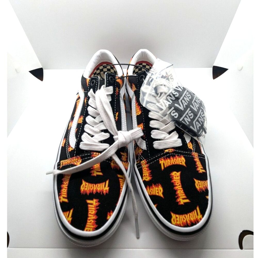 Vans x Thrasher Skate Low-Top PopCush Black Multi Flame Logo Men’s Size 7.5